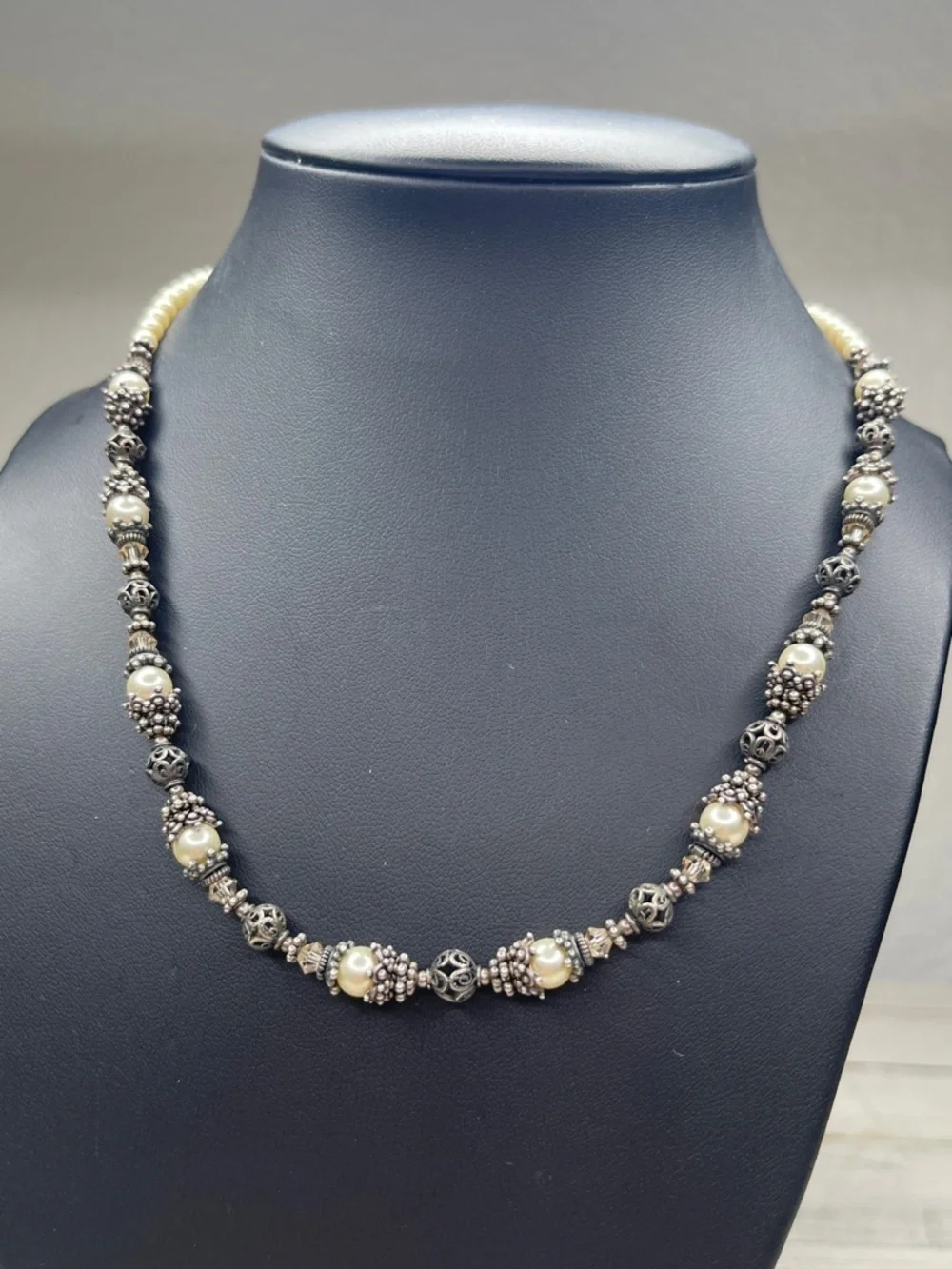 Vintage Sterling Silver Pearl Beaded Necklace